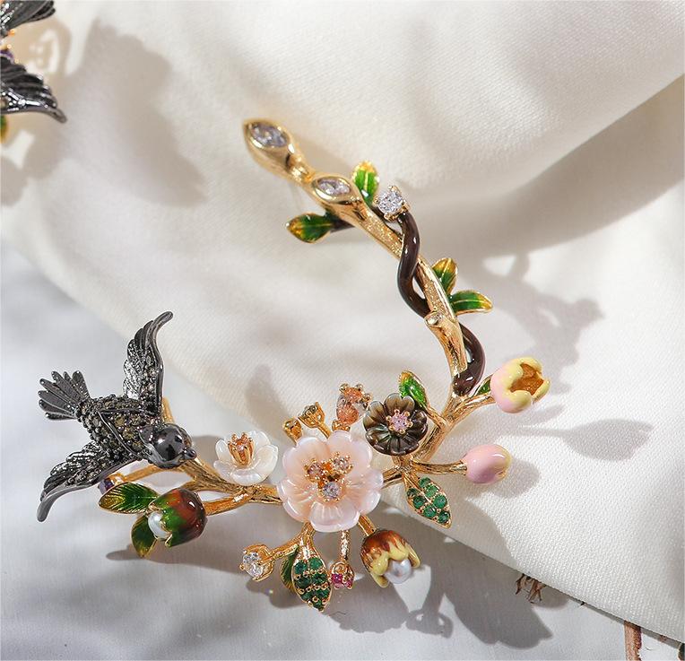 Branch Flower Magpie Natural Pearl Shell Zircon Enamel Stereoscopic Earrings