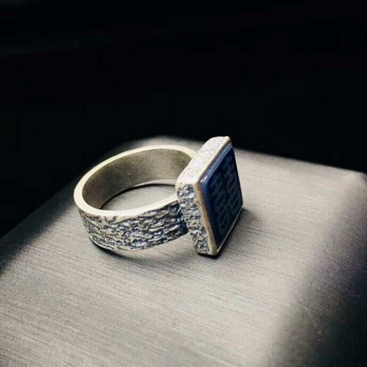 Double Happiness Silver Inlaid Hotan Jade Open Ring