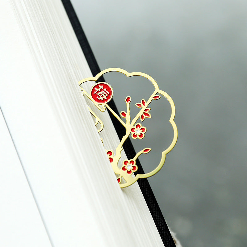Chinoiserie Plum Orchid Bamboo Brass Lacquer Hollow Fringe Fan Bookmark Set