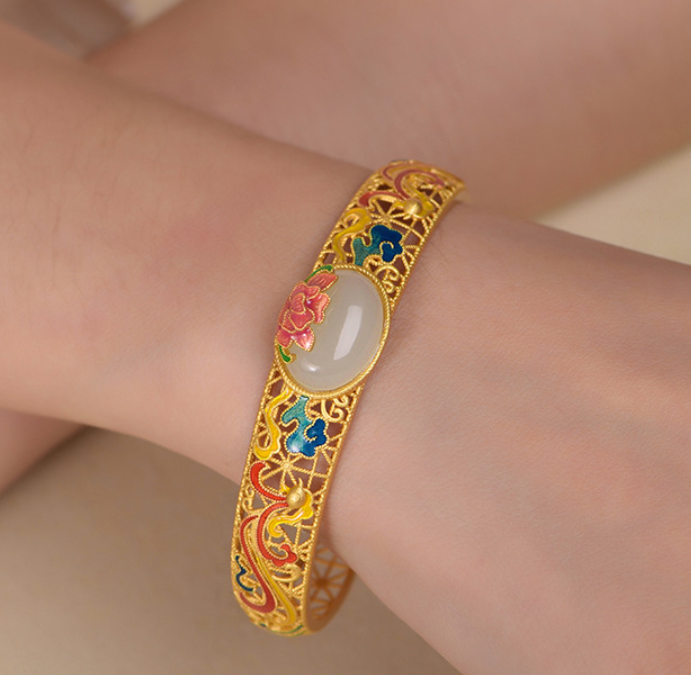 Enamel Lotus And Auspicious Cloud Inlaid With Natural Hotan Jade Filigree Bracelet