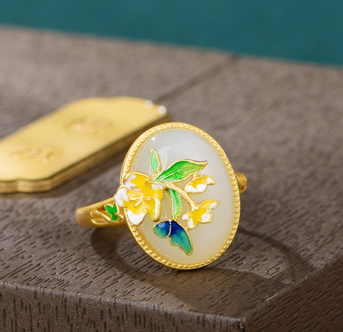 Hotan Jade Enamel Lotus Ring - Sterling Silver