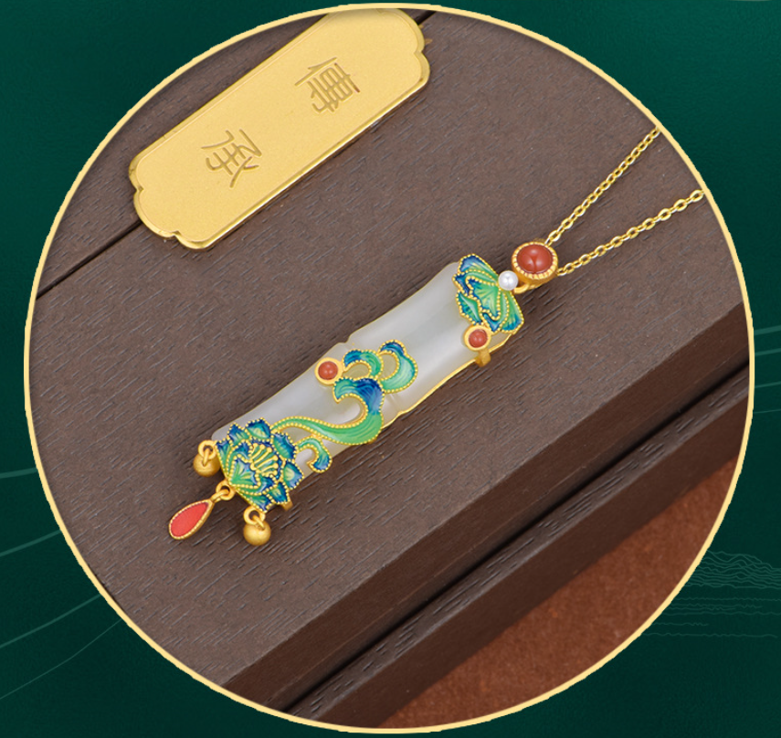 Hetian Jade Bamboo Enamel Lotus Red Agate Pendant Necklace