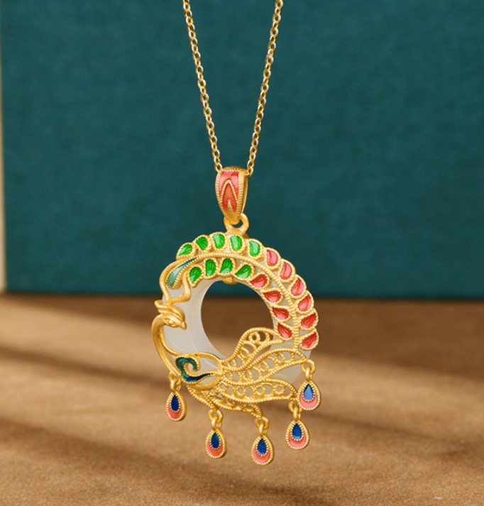 Enamel Hollow Auspicious Cloud Phoenix Inlaid Hetian Jade Pendant