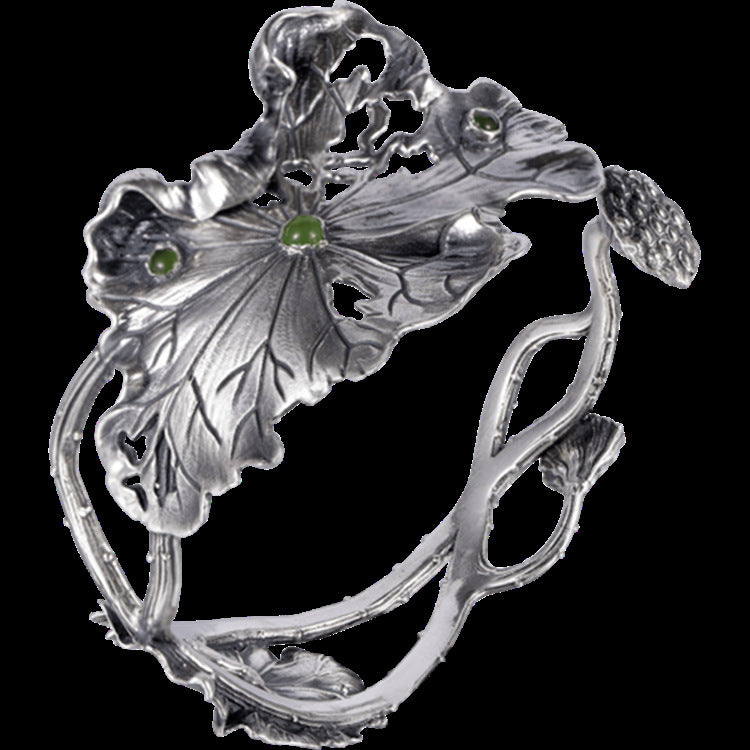 Broken Lotus Leaf Hollow Inlaid Hetian Biyu Lotus Peng Bracelet