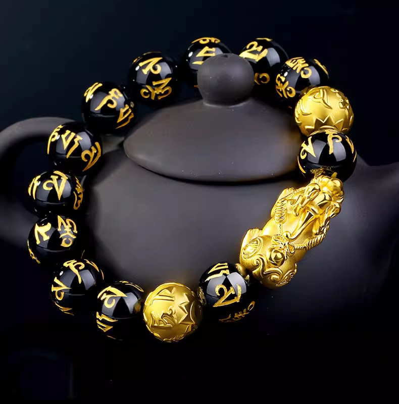 Natural Black Obsidian 3D Hard Gold Pixiu Bracelet with Six-Character Mantra – Wealth Attraction & Protection