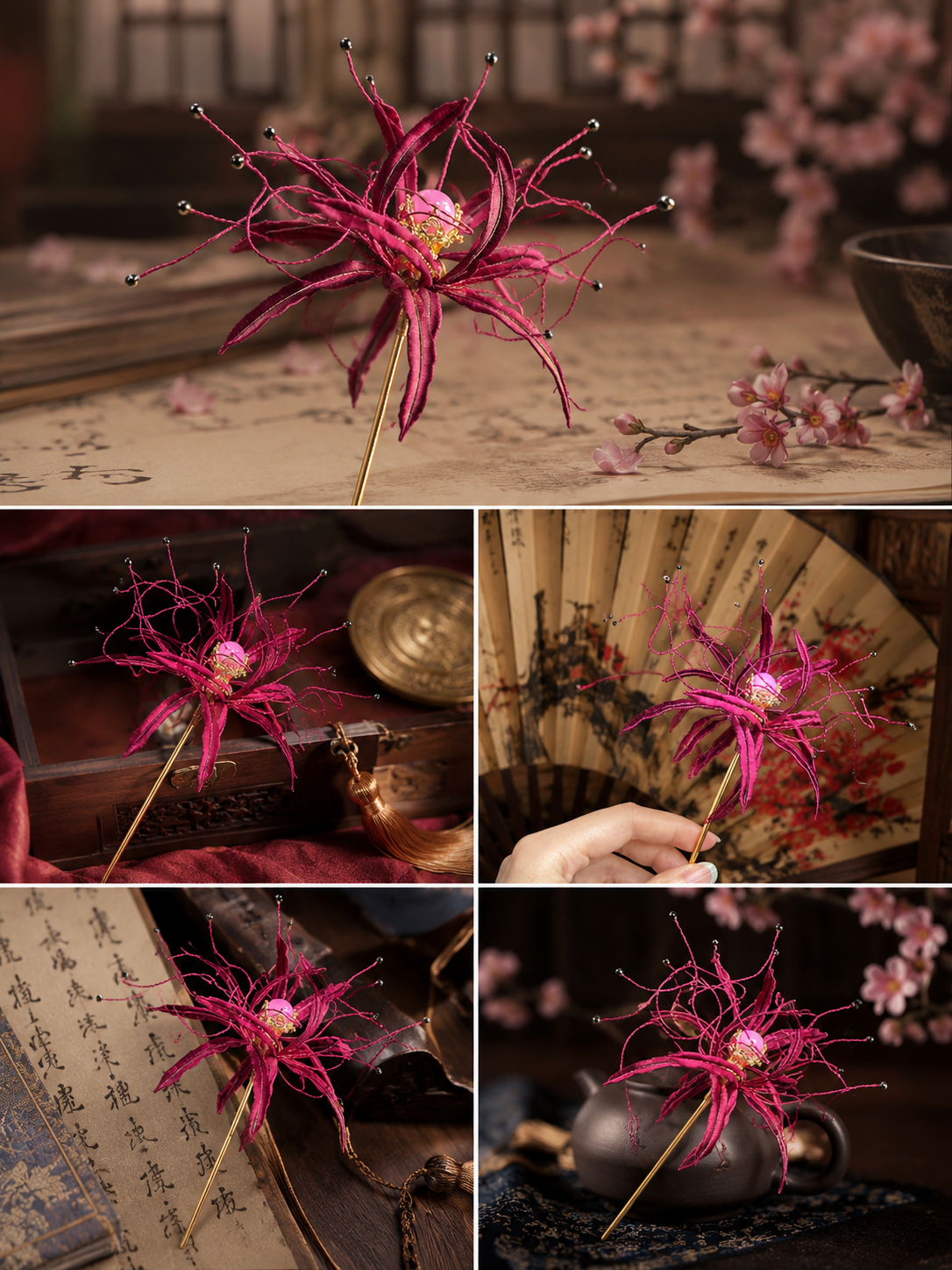 Handgemachte chinesische Chanhua Rote Spinnenlilie Haarnadel – Traditioneller Seidenfaden Hanfu Haarschmuck für Frauen