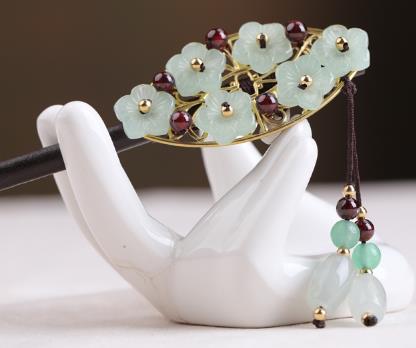 6 Glass Flowers 2 Colored Stone Barrel Beads Tassel Hairpin-Wood