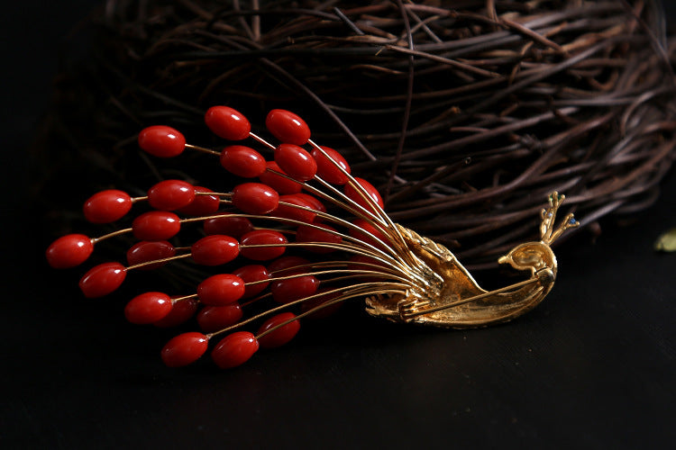 Sea Bamboo Coral Red Peacock brooch