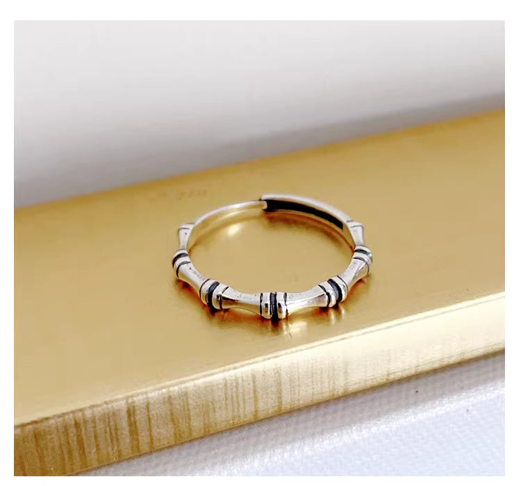 Vintage Bamboo Segment Adjustable Ring – Minimalist Polished Silver Band