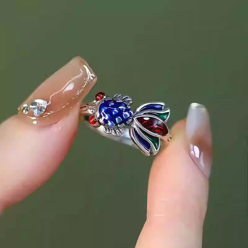 925 Sterling Silver Enamel Koi Fish Ring for Women – Adjustable New Chinese Style Blue Open Ring