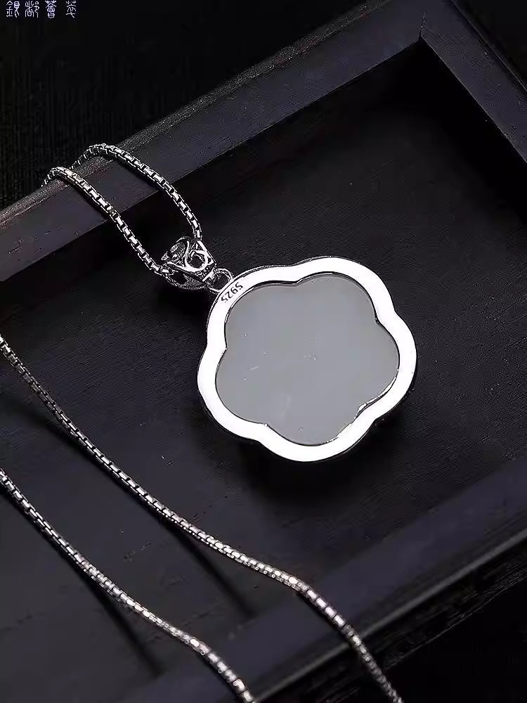 Sterling Silver Hetian Jade Ruyi Lock Plum Blossom Pendant – Chinese Style Handcrafted Necklace