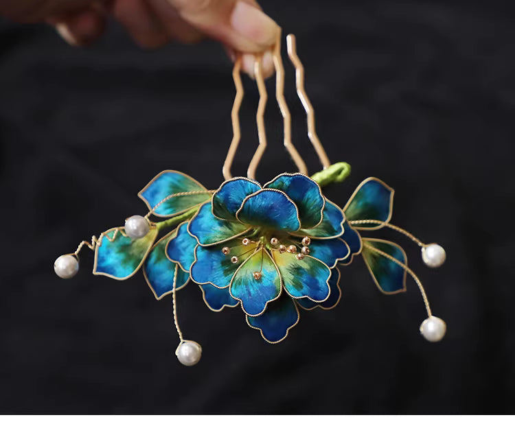 Handcrafted Velvet Flower Reverse Insert Hair Comb | Hanfu & Chinese Traditional Hair Accessory, Alloy, Pearl & Silk