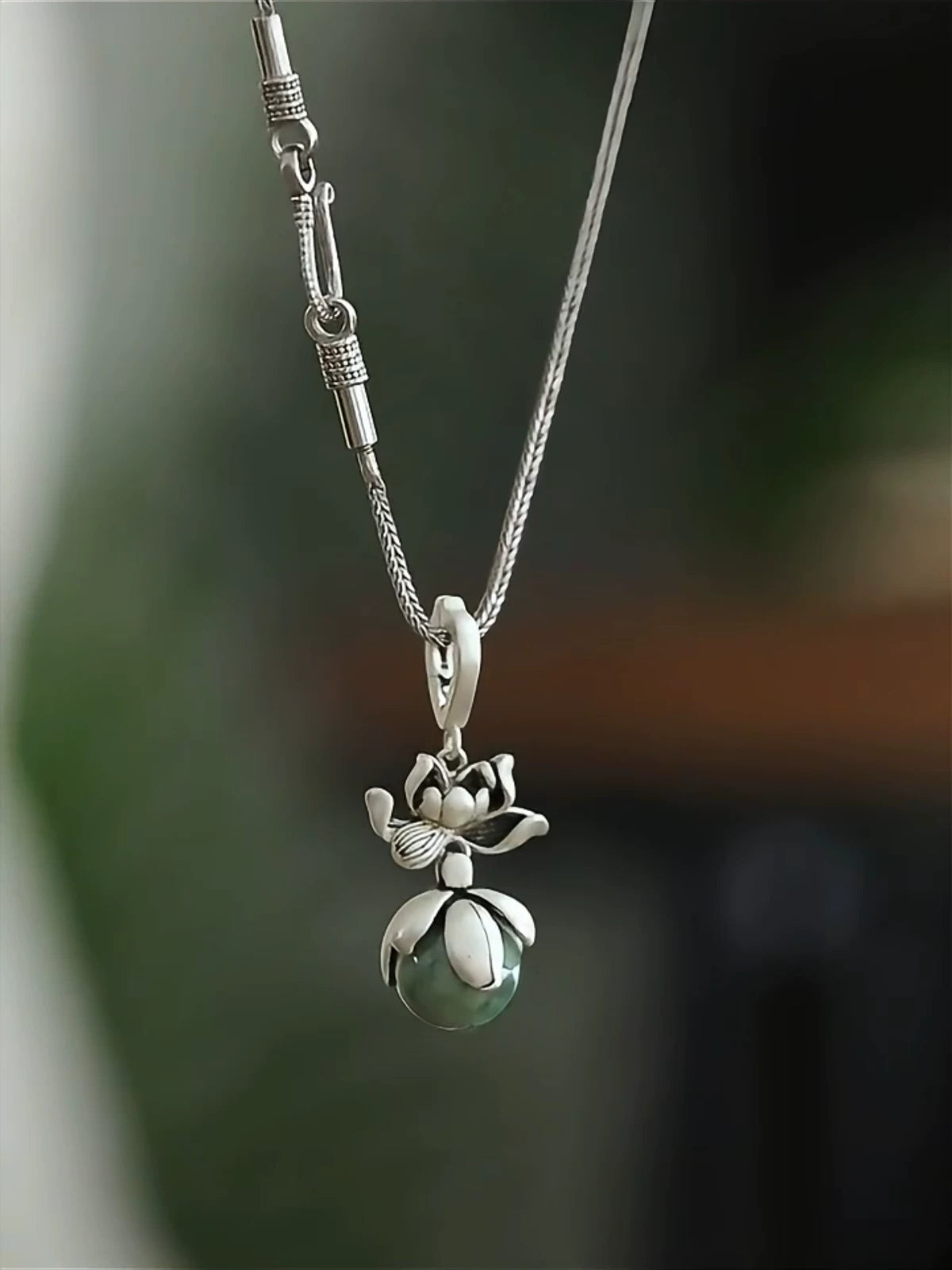 Lotus Pendant Necklace with Jade Bead – Vintage Chinese Style Prosperity Jewelry