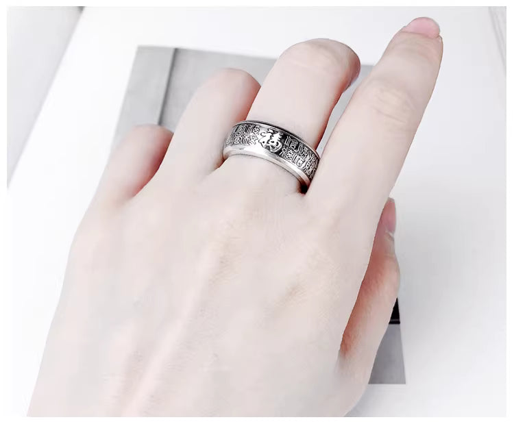999 fine silver Couple Rings with Fu Character & Heart Sutra – Vintage Adjustable Unisex Rings, Men 0.6cm / 6g, Women 0.4cm / 5g