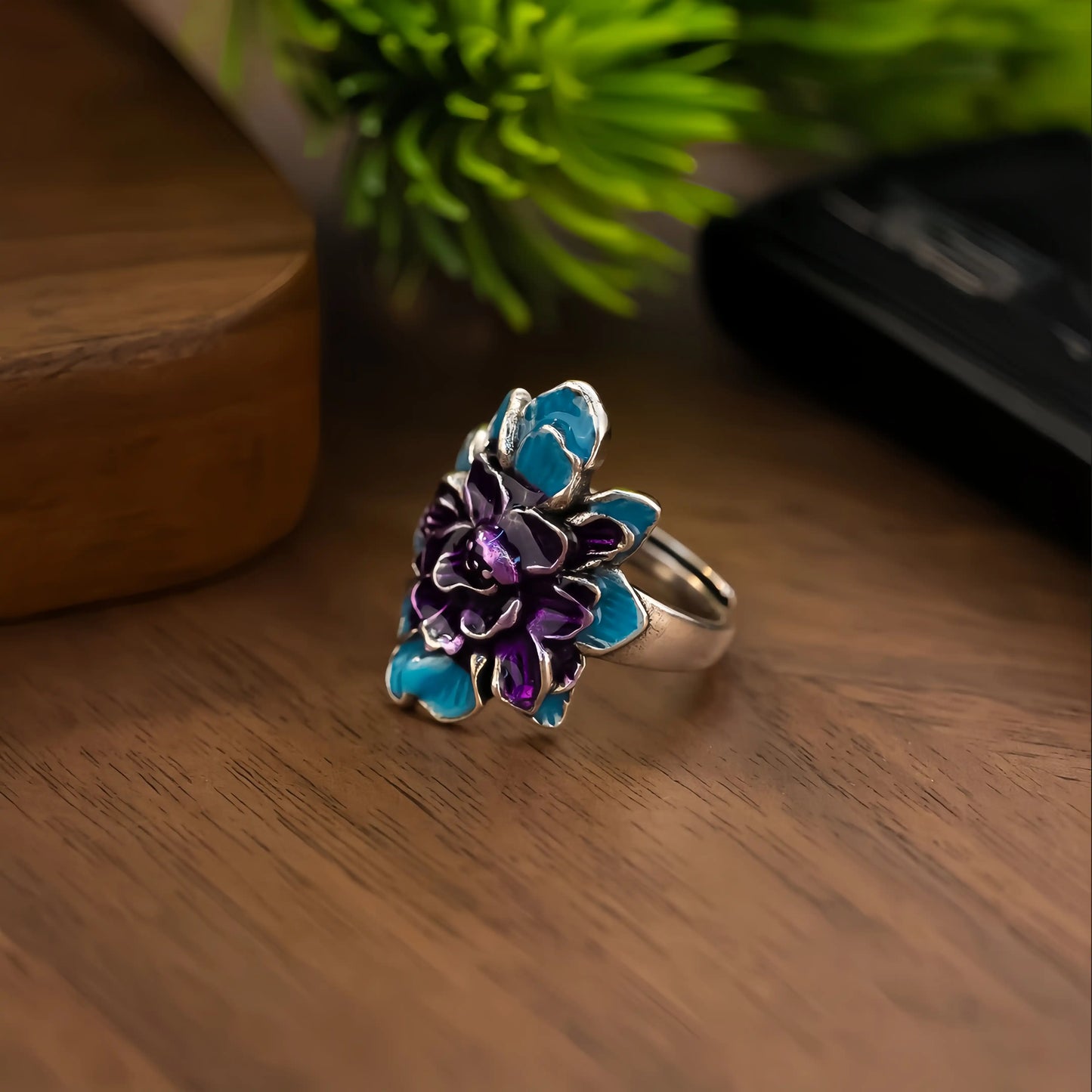 Blue Purple Enamel Peony Ring for Women – Vintage Ethnic Style Adjustable Alloy Statement Ring