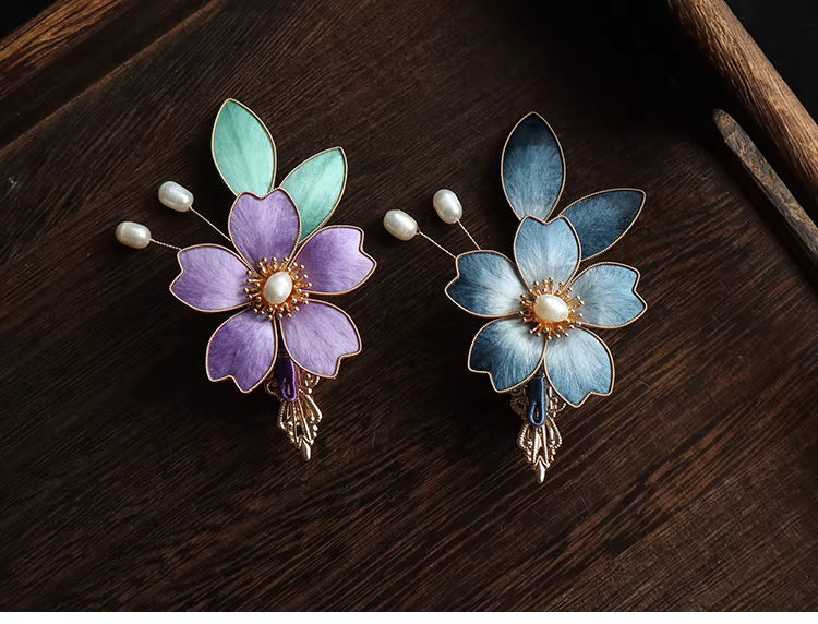 Purple Flower Hairpin velvet flower Handmade Chinese Velvet Flower Orchid Hairpin & Brooch-Hanfu  main image 4