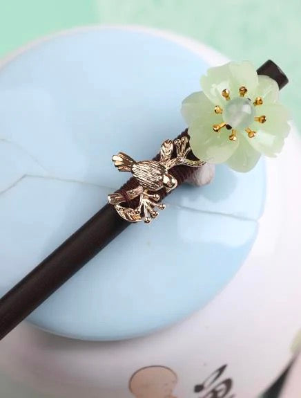 Bird Jade Flower Stone Hairpin - Wood