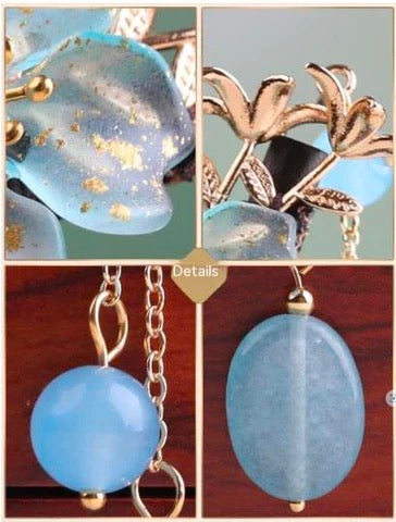 Blue Flower 2 Blue Bead Tassel Hairpin - Wood