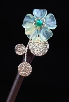 Blue Flower Copper Leaf Hairpin - Wood