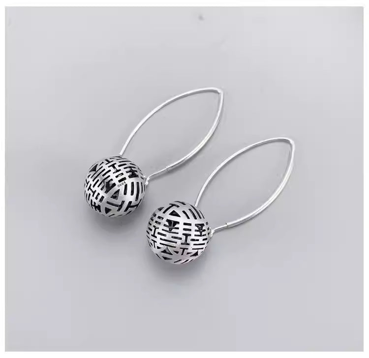 Handcrafted 925 Sterling Silver Double Happiness Earrings – Hollow Bead Chinese Style, 1.6cm Diameter, 10.3g, Elegant Women’s Jewelry
