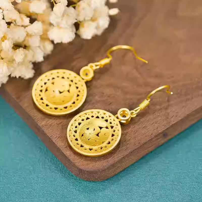 Chinese Palace Filigree Enamel Earrings – Hollow Round Gold Earrings for Women | Vintage Oriental High-End Jewelry