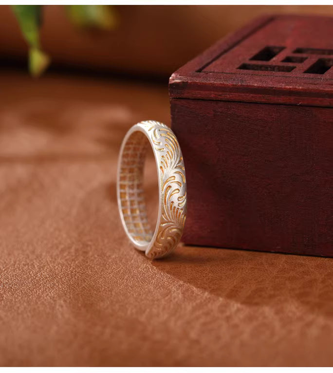 9999 Fine Silver Bao Xiang Enamel Ring – Chinese Tang Grass Pattern Adjustable Ring with Engraved Heart Sutra for Women