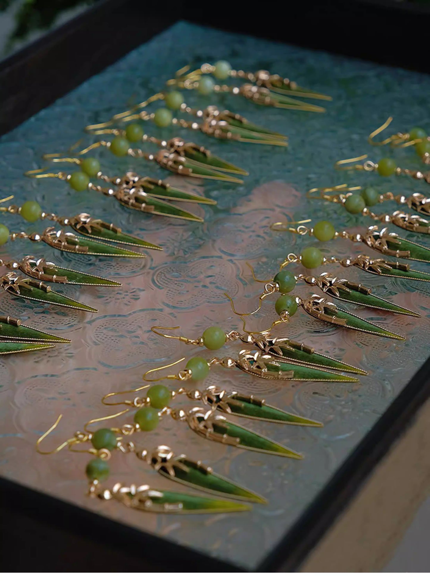 Handmade Intangible Heritage Cloisonné Velvet Bamboo Leaf Earrings with S925 Silver Hooks – New Chinese Style for Women