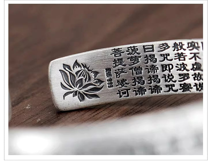 999 Fine Silver Solid Heart Sutra Bracelet – Adjustable Open Band Unisex Couple Bangle