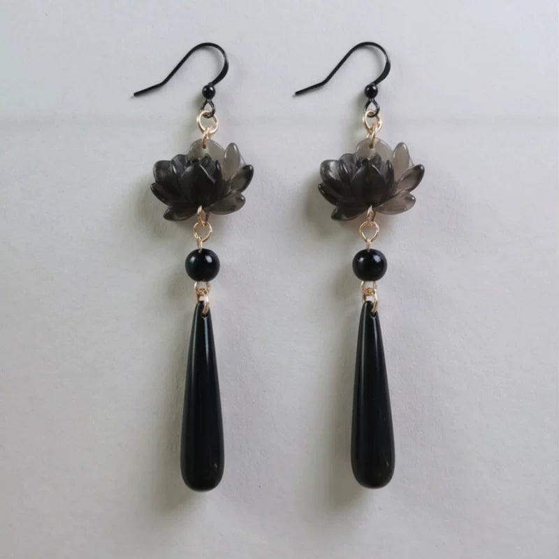 Black Lotus Bio-Ceramic Resin Earrings – New Chinese Style Elegant Statement Earrings