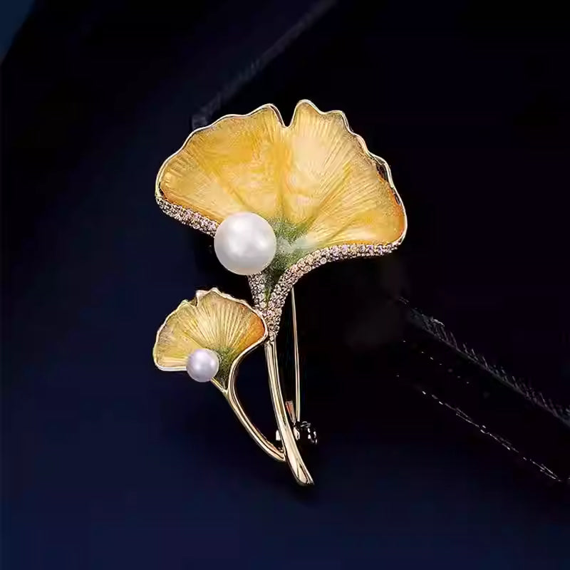 Chinese Enamel Ginkgo Leaf Brooch with Pearl – Elegant Women’s Pin Accessory