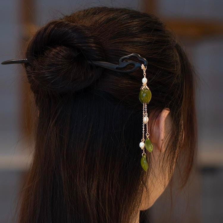 Black Sandalwood Ebony Cloud Pearl Tassel Hairpin