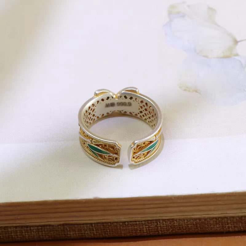 999 Sterling Silver Blue Enamel Butterfly Ring – Adjustable Bamboo Leaf Open Ring, Chinese Style Elegant Jewelry for Women
