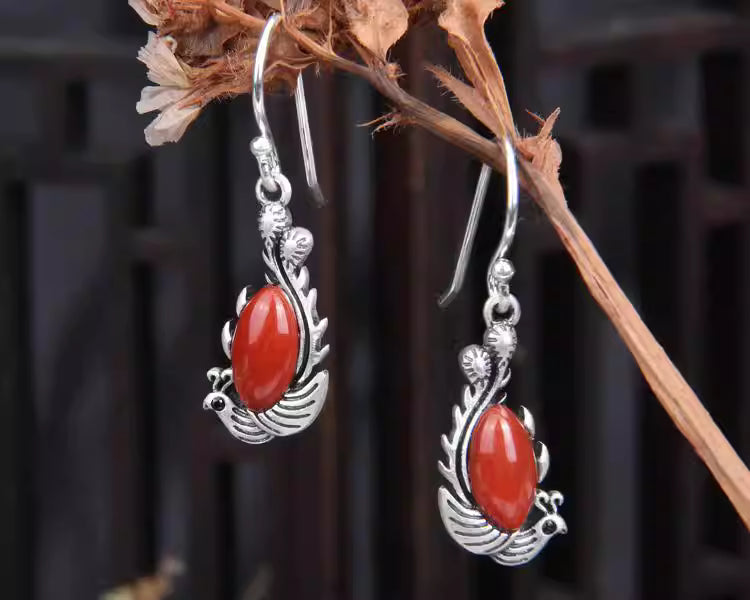 S925 Silver Red Agate Phoenix Earrings – Festive Hanfu Qipao Earrings for Women & Mothers