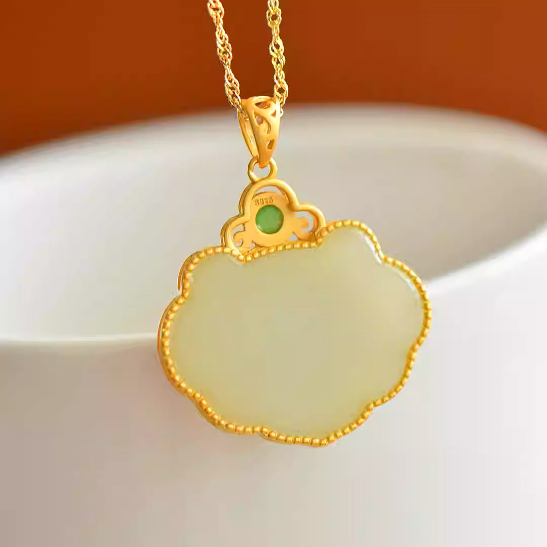 New Chinese Style S925 Gold-Plated Silver Hetian Jade Blue Enamel Magpie Ruyi Lock Pendant Necklace for Women