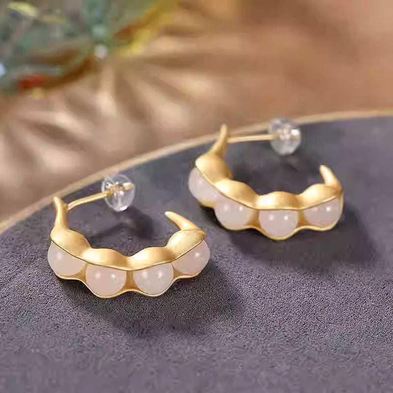 S925 Silver Hetian Jade Gold Bean Stud Earrings – Elegant Camellia Flower Design