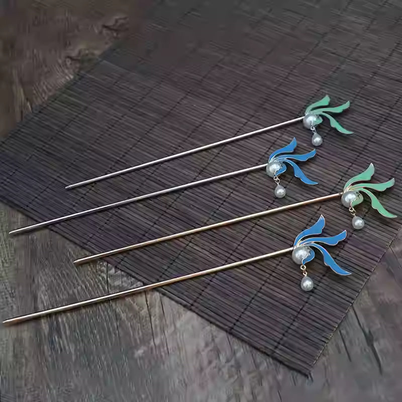 Original Chinese Style Orchid Hairpin with Pearl Tassels – Handmade Hanfu Hair Accessory, Metal & Alloy