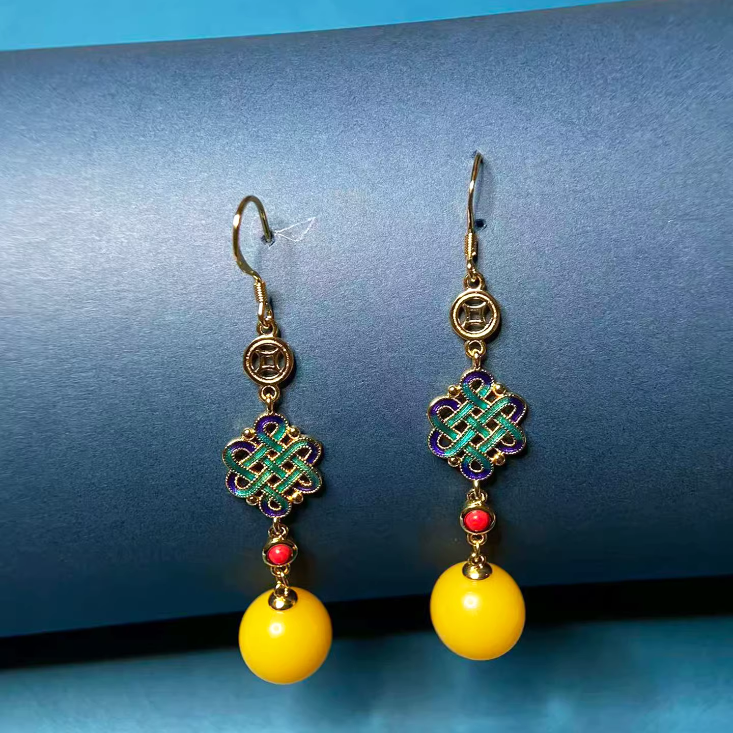 Traditional Chinese Amber-Look Jade Earrings – Gold Plated, Handmade Vintage Feng Shui Dangle Earrings for Women