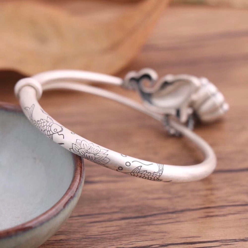 Fish and Lotus Pod Bracelet - Sterling Silver