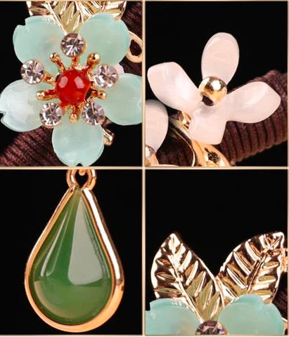 Green Flower 2 White Flower Red Agate Jasper Tassel Hairpin - Wood