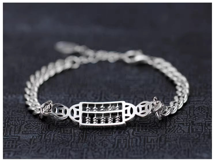 925 Sterling Silver Coin and Abacus Beaded Bracelet for Women – Classical Ethnic Style, Adjustable 20cm, 10g, "Abacus Rings, Wealth Flows"