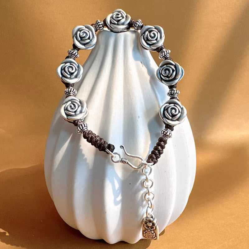 999 Fine Silver 3D Rose Bracelet – Handmade New Chinese Style Adjustable Lucky Bracelet
