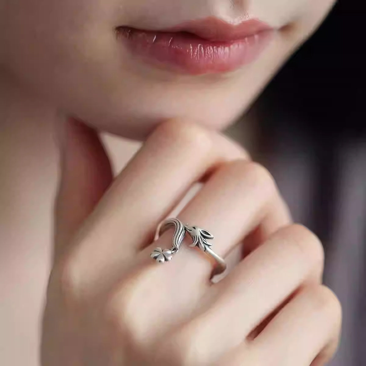 Vintage 925 Silver Adjustable Fox Flower Ring – Chinese Style Cute Ethnic Jewelry for Women