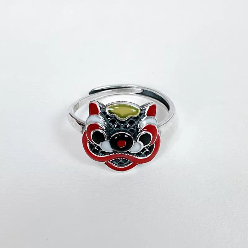 Sterling Silver Lion Ring for Women – Adjustable Open Finger Ring with Cloisonné Enamel, Ethnic Style Statement Jewelry