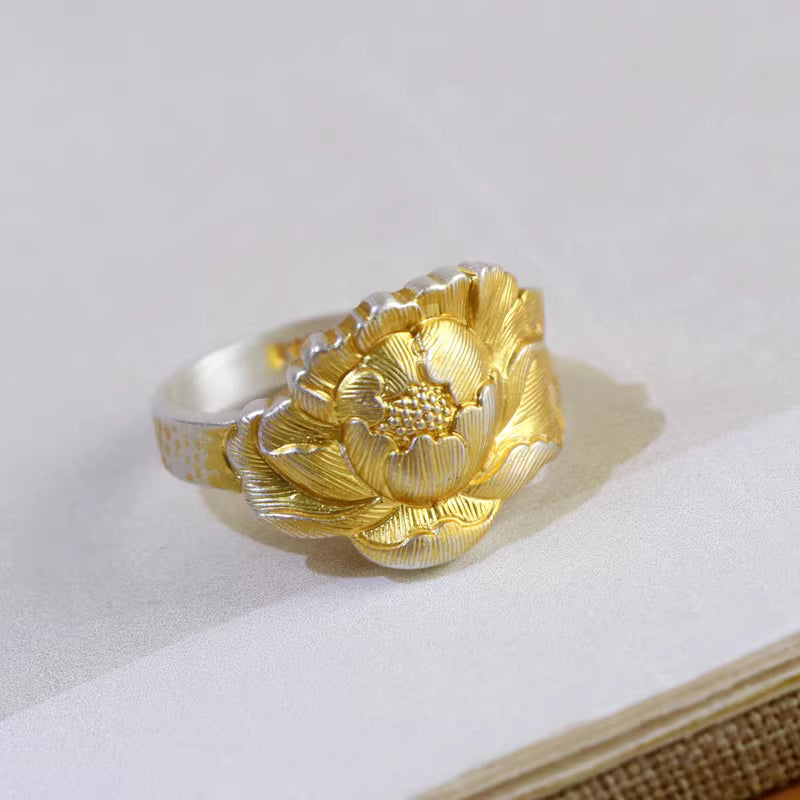 Peony Flower Ring for Women – Adjustable Open Band Elegant Floral Statement Ring | 999 Sterling Silver