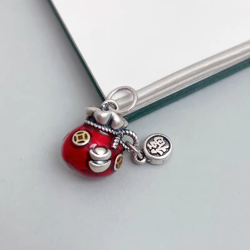 Chinese Guochao Fortune Bag Tassel Pendant with “Fu” Character – Cloisonné Enamel Lucky Charm