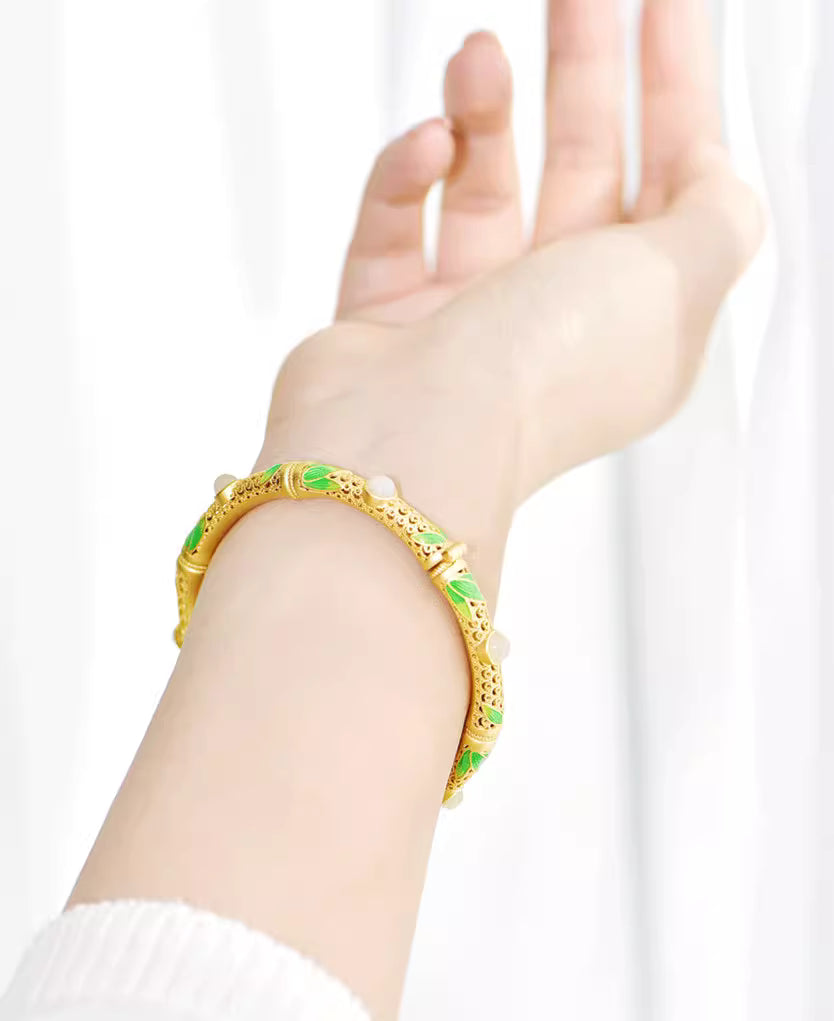 Vintage Gold Bamboo Pattern Bangle – 925 Silver Thick Gold-Plated Open Bracelet for Women