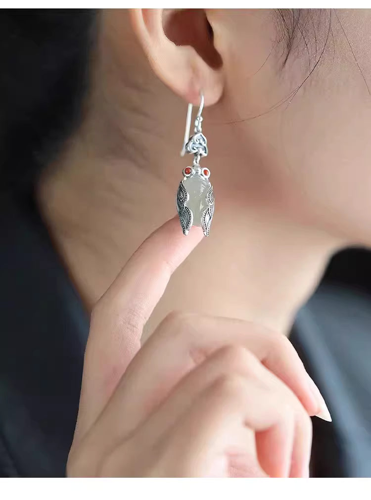 925 Silver Cicada Pendant Earrings with Hetian Jade – Hanfu Inspired Chinese Style Dangle Earrings for Women