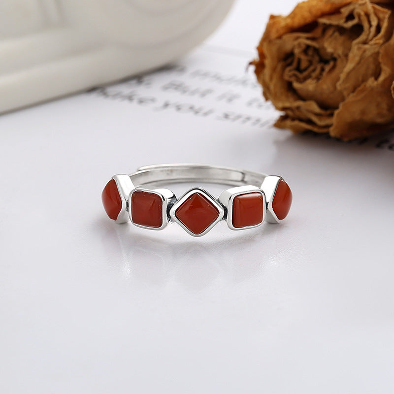 Elegant Five Nanhong Agate Beads Ring in 925 Sterling Silver