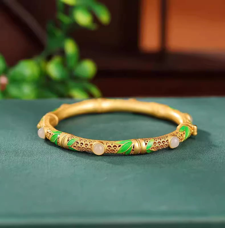 Vintage Gold Bamboo Pattern Bangle – 925 Silver Thick Gold-Plated 