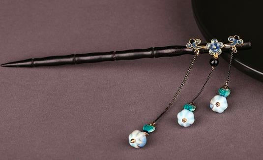 3 Lantern and Fish Tassel Flower Hairpin - Wood